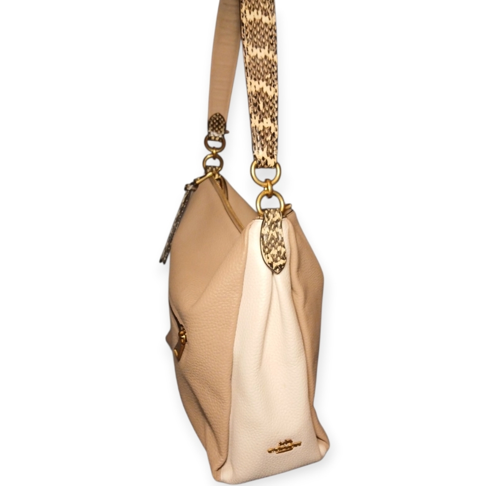 Coach 'Shay' Tan & Cream Leather Shoulder Bag/Crossbody With Snakeskin Accents